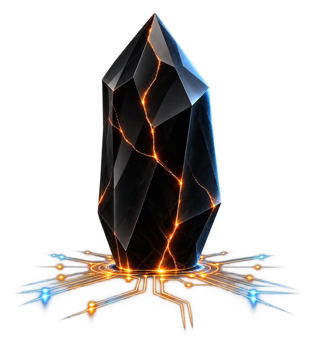 Faceted black onyx stone seated in a dark technological interface with subtle circuitry and illuminated connection nodes